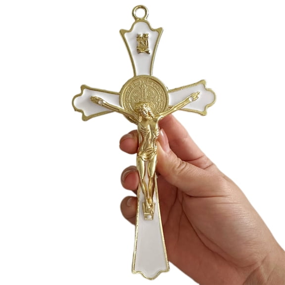 Golden St Benedict Crucifix Metal Wall Art, 7.8x4.1 Inch Cross, White Wall Decor, Saint Benedic Cross for Home Decoration, Catholic Gift