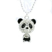 ROWENA J Panda Bear Crystal Necklace Black Silver Trim Pendant Tarnish Resistant J-44