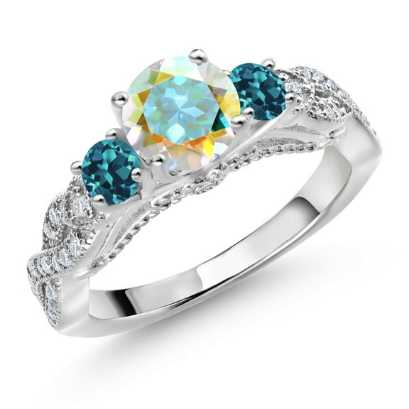 Gem Stone King 925 Sterling Silver Mercury Mist Mystic Topaz London Blue Topaz and White Moissanite Engagement Ring for Women (1.53 Cttw, Gemstone, Round 6MM and 3MM, Size 5)