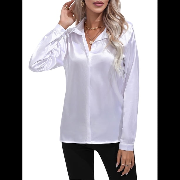 Blusas de Satén para Mujer, Informales, de Larga, con Botones, Elegantes, para Trabajo y Negocios M