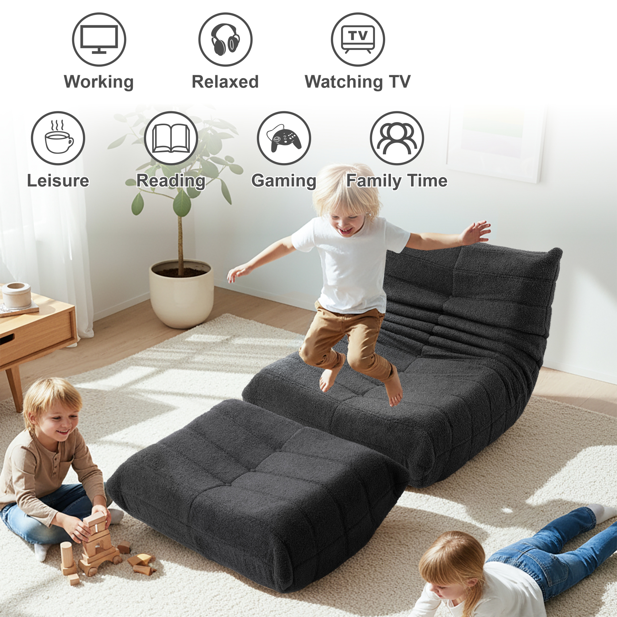 Evita Teddy Fabric Black Bean Bag Chair with Ottoman, Memory Foam Lounge Chair for Adults, Ergonomic Floor Seating Sofa for Living Room or Bedroom