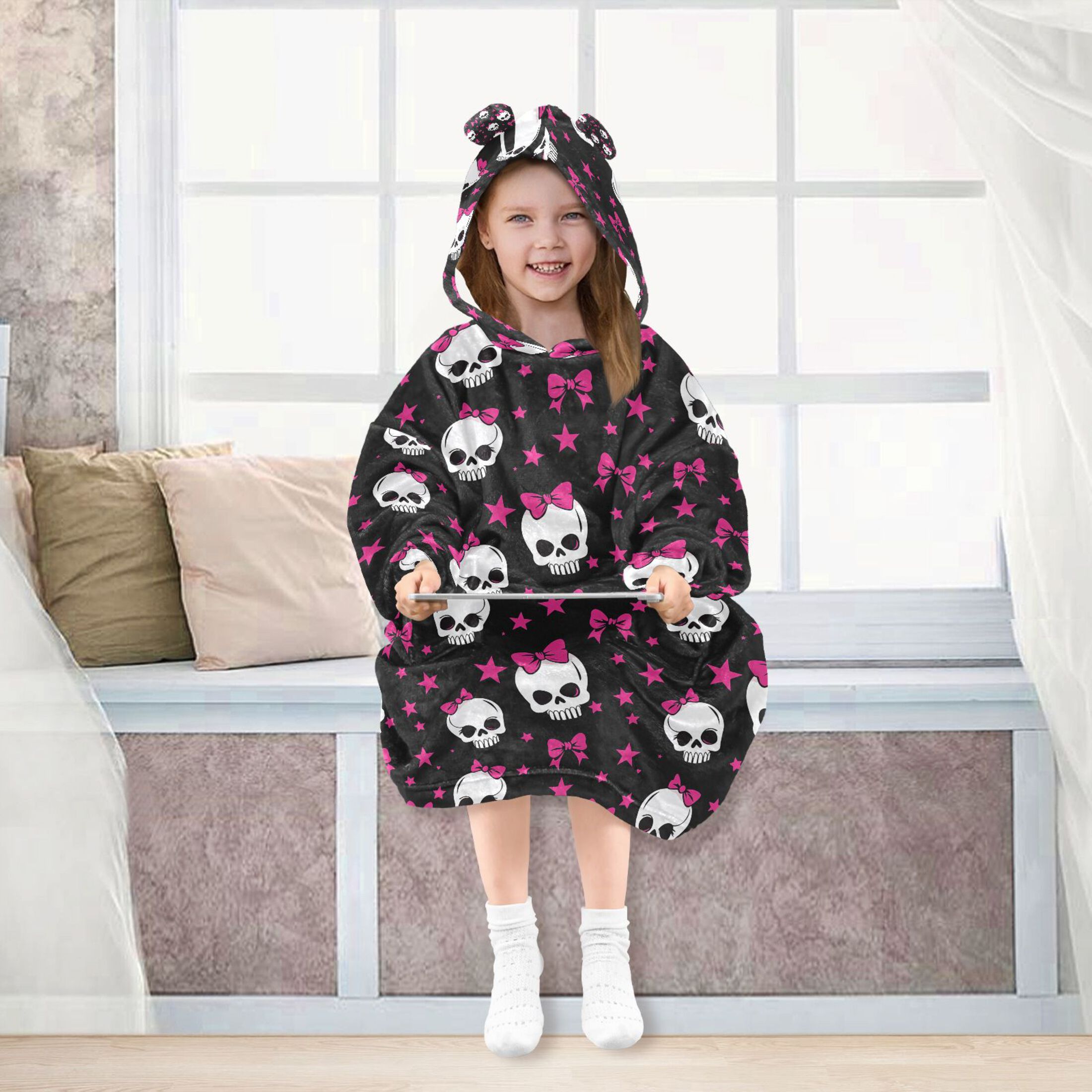 joogoo Wearable Blanket Skull with Bows Hoodie for Oversized Sherpa Hooded 3-14 YR M