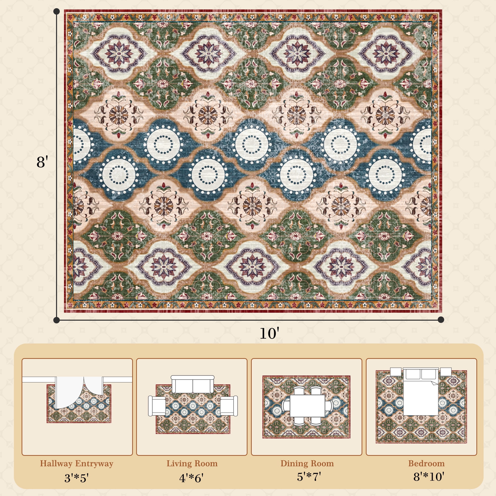 EnHomee 8x10 Area Rugs for Living Room Bedroom Vintage Indoor Carpet Rugs Machine Washable Area Rug,Red and Green
