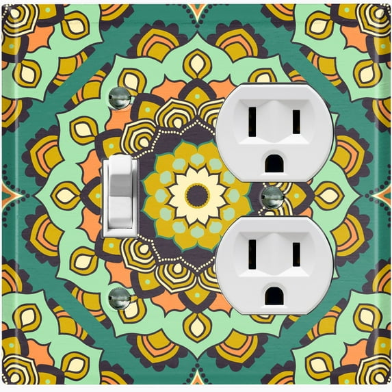 Metal Light Switch Plate Cover Green Orange Mandala Flower Tile Pattern MDL117
