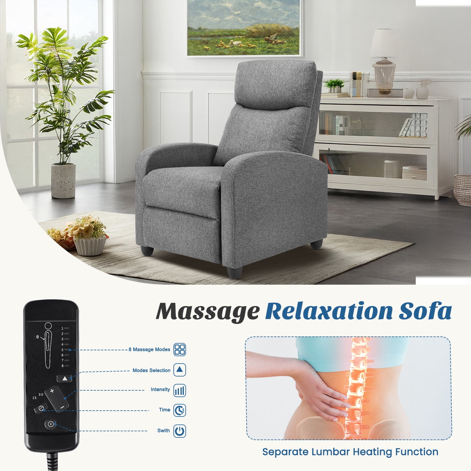 JIOABL Recliner Sofa, Adjustable Comfort Footrest for Living Room, Lounge, Bedroom, Gray