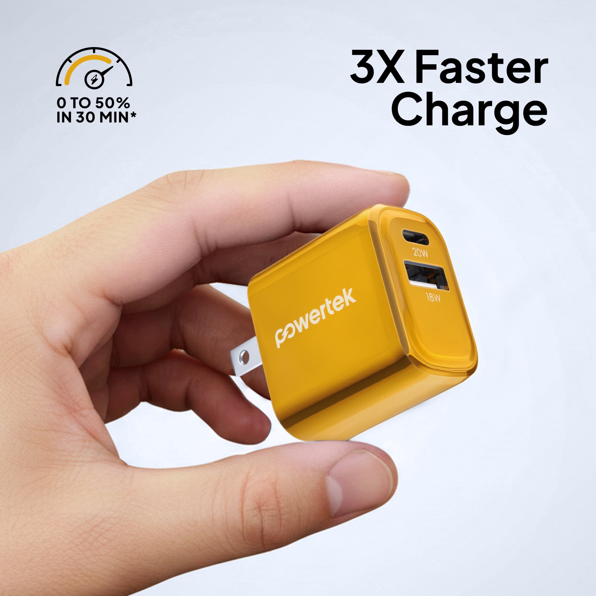 Powertek Luxe 20W USB-C + 18W USB-A Fast Charging Dual Port Block, Gold, Compatible with iPhone, Android, Tablets & USB Devices, Compact Travel Adapter