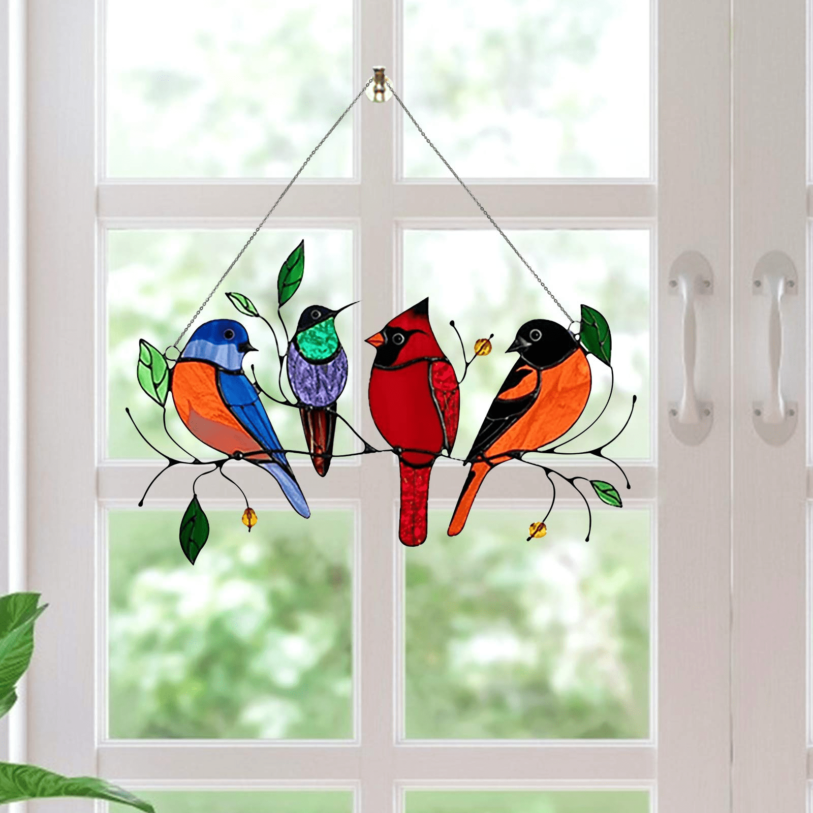 Stained Glass Birds on a Wire Window Panel Hanging Sun Catcher Hardware Ornament 