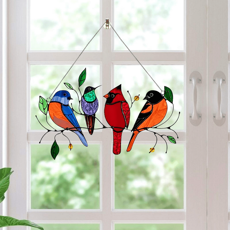 Birds on a Wire Stained Glass Suncatcher Window Panel, Multicolor,Stained  Glass Window Hangings,Acrylic Window Small Bird Stained Glass Panel Home