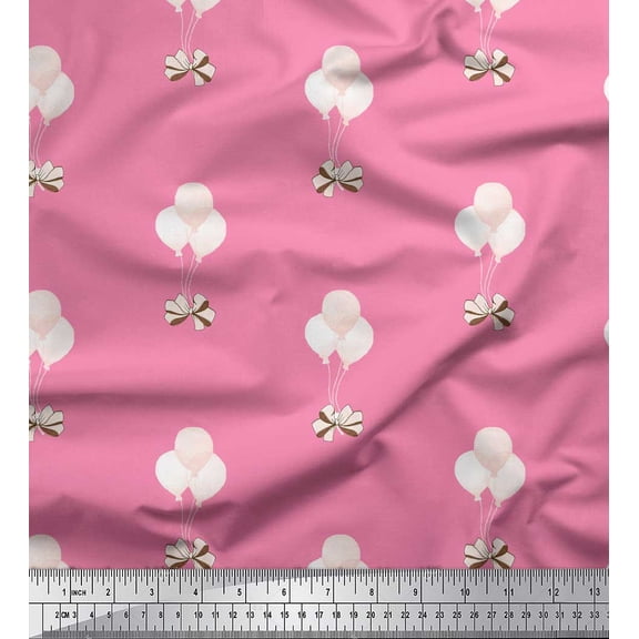 Soimoi Pink Viscose Chiffon Fabric Bow & Balloon Kids Print Fabric by the Yard 42 Inch Wide
