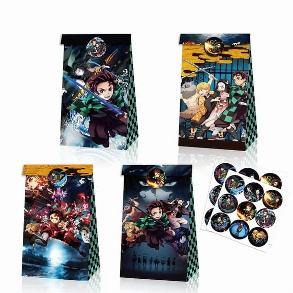 24PCS Demon Slayer themed party bag with stickers, stationery gifts, biscuits, chocolate candy, snacks, birthday party decoration supplies