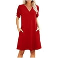 thumbnail image 2 of V-Neck Summer Casual Sundress for Women- Puff Short Sleeve Swing Beach Dress with Pockets, 2 of 6