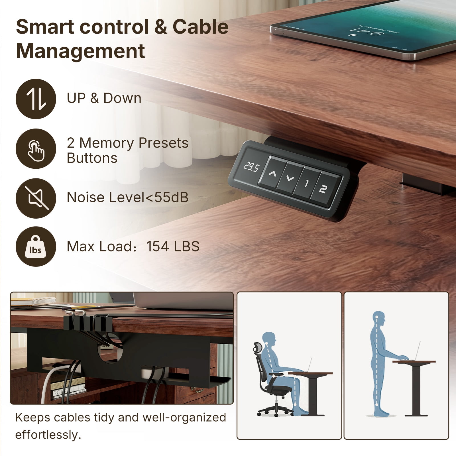 71" L-Shaped Executive Standing Desk, Retro Brown Sit Stand Desk with Drawers, AC/USB Outlets, Storage Cabinet & Privacy Panel for Office & Home