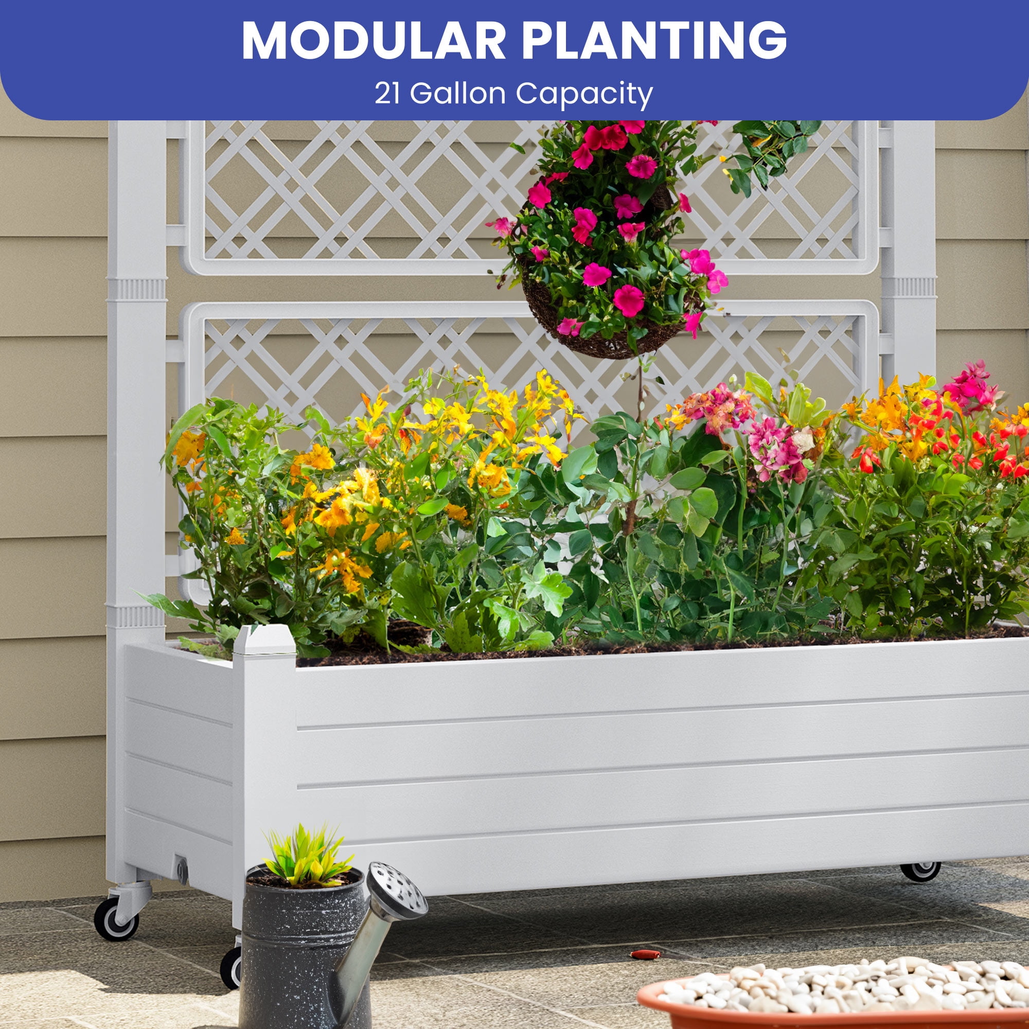 Uforic Large Planter Box Trellis, Outdoor Raised Garden Bed with Drain Plug and Lockable Wheels,for Climbing Plants, 3.6x1.5x5 FT-White