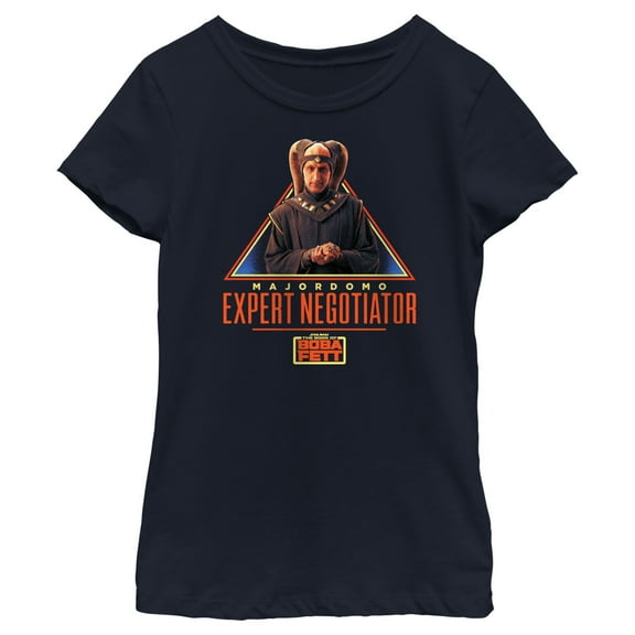 Girl's Star Wars: The Book of Boba Fett Majordomo Expert Negotiator Graphic Tee Navy Blue Large