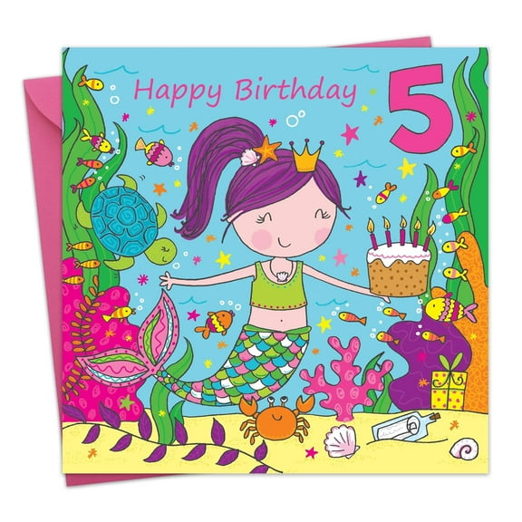 Twizler 5th Birthday Card for Girls Mermaid - Children's Age 5 Happy Birthday Greeting Card for Daughter Granddaughter Niece Kids