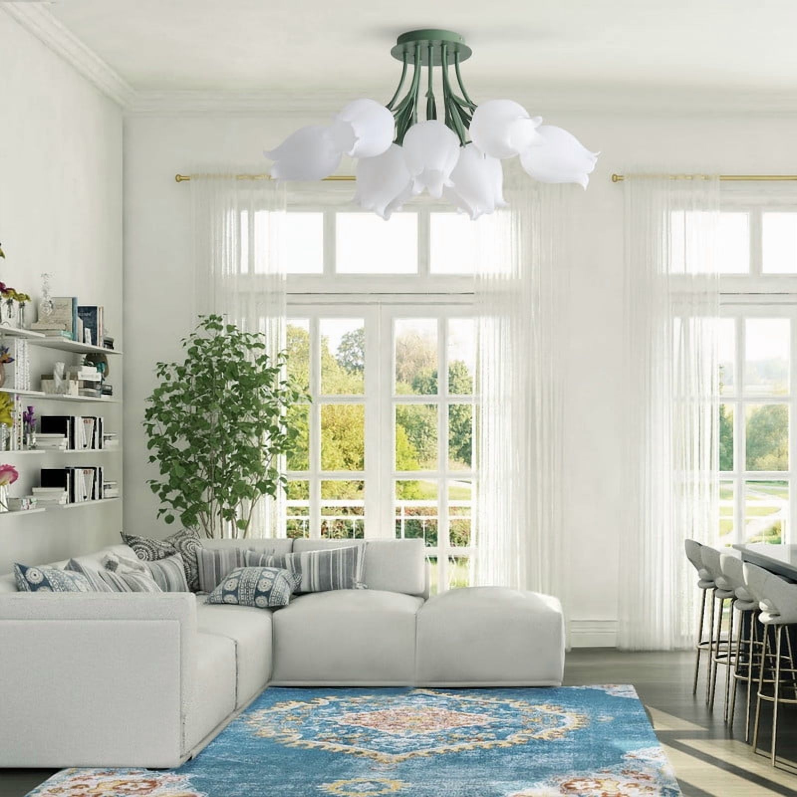 30.7 inches Flush Mount Ceiling Light with White PE Shades, 9-Light Dining Room Light Fixture, Floral Design