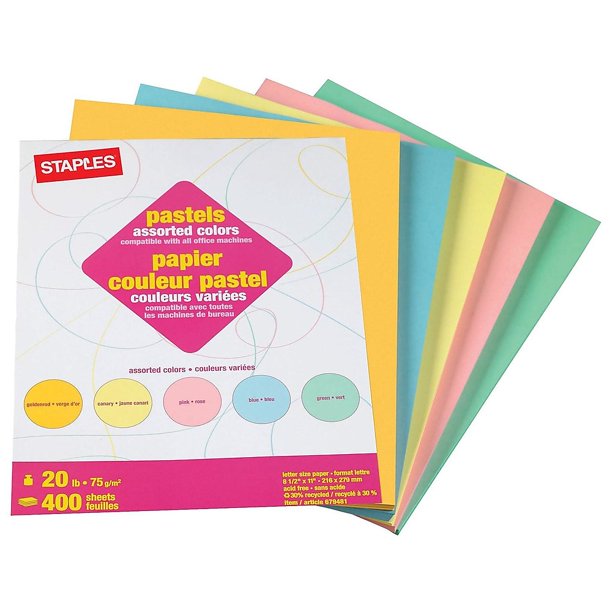 Staples Pastel Colored Copy Paper 8 1/2" x 11" Assorted Colors 400/PK