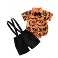 thumbnail image 4 of RMGVDSD Baby Boy Halloween Outfit Pumpkin Bat Print Short Sleeve Romper Bowtie Suspender Shorts Two Piece Set Festival Outfits 6-12 Months, 4 of 5