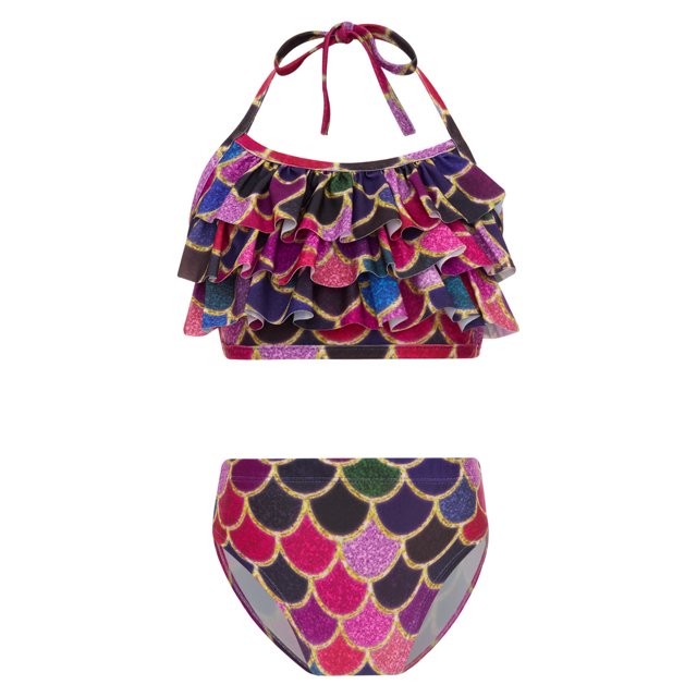 TiaoBug Girls 2 Pcs Mermaid Bikini Sets Shiny Halter Ruffles Crop Top with Triangle Brief Bathing Suit Tankini Black&Red 110