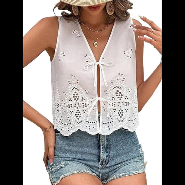 Chaleco con Lazo Frontal para Mujer, Camiseta Sin Mangas con Bordado Floral Y2K, Cuello en V, Top Corto, Lindas Camisetas para Salir. S