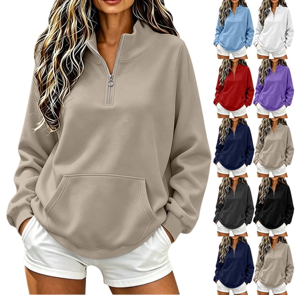 Women's Quarter Zip Pullover Sweatshirt, Long Sleeve Stand Collar Tops with Kangaroo Pocket, Loose Relaxed Casual Beige L