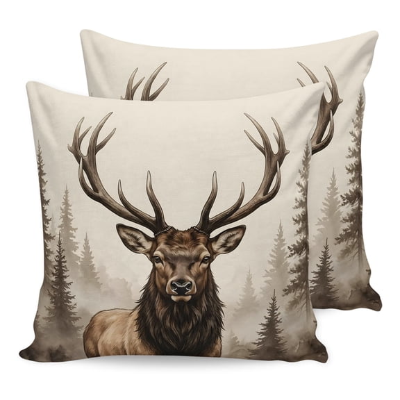 Pillow Covers 16x16 Set of 2, Brown Elk Throw Pillow Covers Decorative Couch Cushion Cover, Farm Pine Forest Tree Wildlife Rustic Microfiber Soft Square Pillowcases for Bedroom Living Room Sofa
