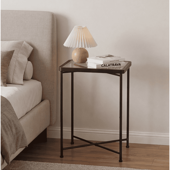 Sturdy Metal Frame Glass Side Table, Mini Compact End Table, Multipurpose Nightstand Ideal for Living Room, Bedroom, Patio and Small Spaces