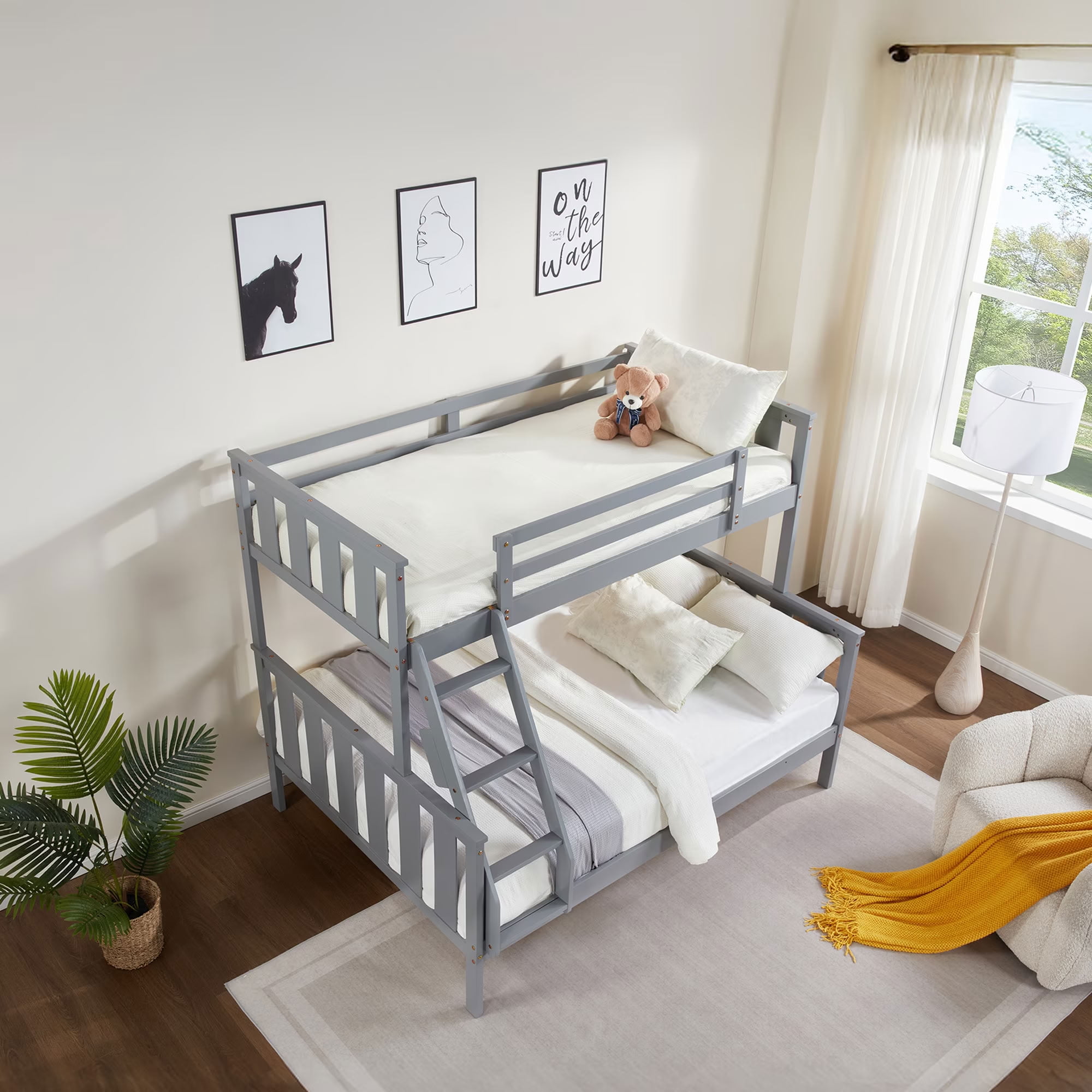 MAYEERTY Twin over Full Bunk Bed with Flexible Ladder, Solid Wood Bed Frame with High Guardrails, Space-Saving for Kids Teens and Dorm Rooms