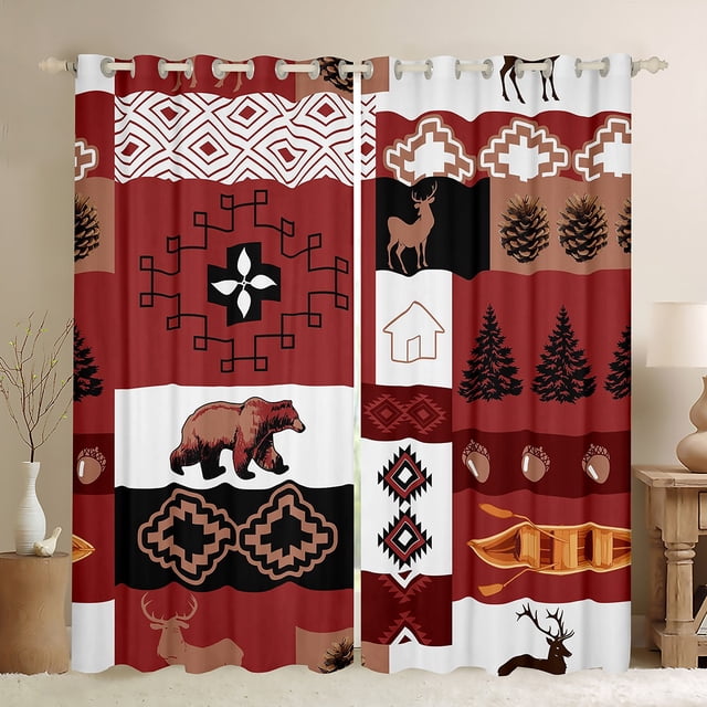 Ensemble de Rideaux de Fenêtre Lodge de 2 Panneaux, Rideau de Chasse dans la Jungle avec Ours, Cerf, Orignal, Animaux, Carreaux Rustiques de Ferme Boho Marron Rouge pour Décoration de Chambre d'Enfants Garçons, 52wx63l Pouces