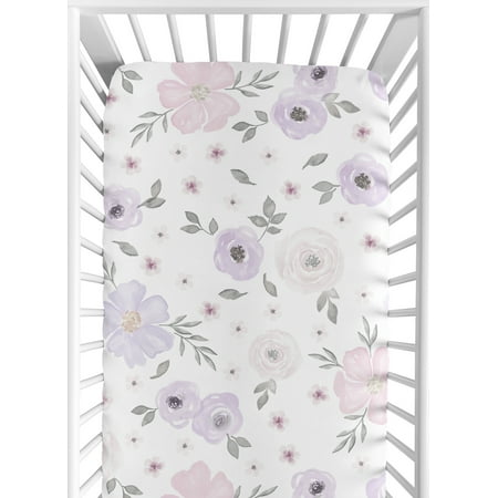 UPC: 0846480067191 | Lavender Purple  Pink  Grey and White Baby or Toddler Fitted Crib Sheet for Watercolor Floral Collection by Sweet Jojo Designs – Rose Flower
