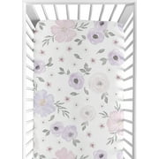 Lavender Purple, Pink, Grey and White Baby or Toddler Fitted Crib Sheet for Watercolor Floral Collection by Sweet Jojo Designs - Rose Flower