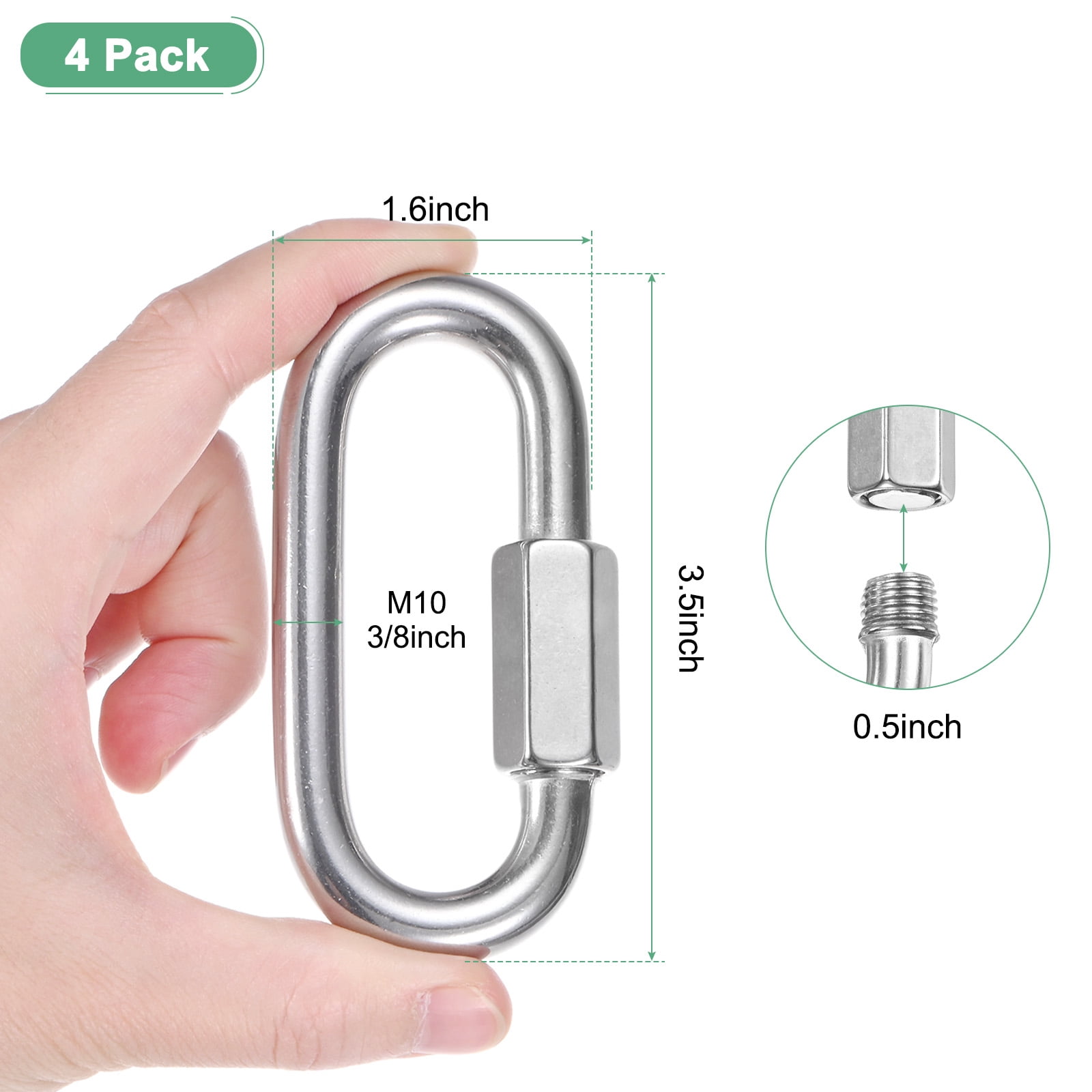 4-Pack Quick Chain Link Connector, M10 3/8" 316 Stainless Steel D-Shape Locking Repair Chain Links for Swing/Camping/Hiking/Backpack, Twist Key Ring Screw Chain Link [Silver]