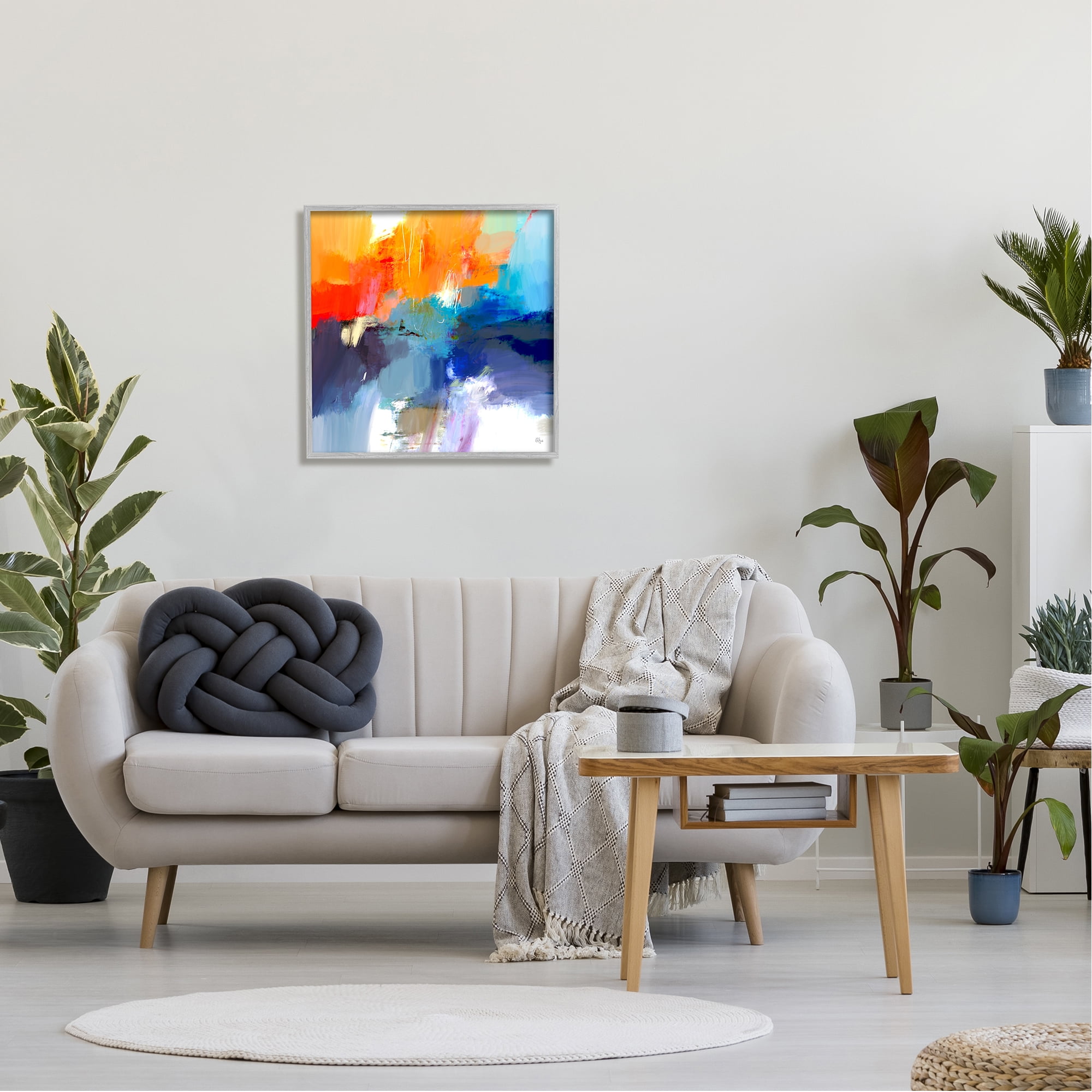 Stupell Industries Orange & Blue Abstraction Abstract Painting Gray Framed Art Print Wall Art, 24 x 24