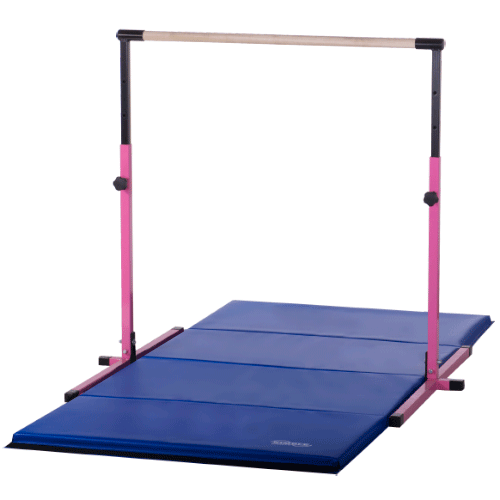 Pink Adjustable Horizontal Bar and Blue Folding Gymnastics Tumble Mat