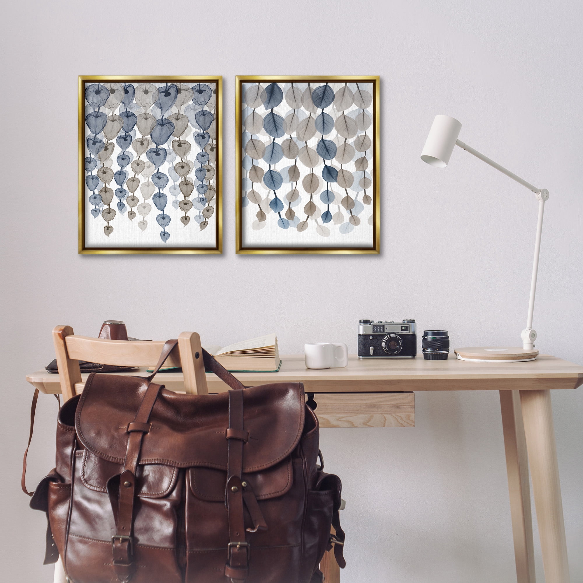 Stupell Industries Falling Vines Neutral Leaves Abstract Painting Gold Floater Framed Canvas Art Print Wall Art, 17 x 21, Set of 2