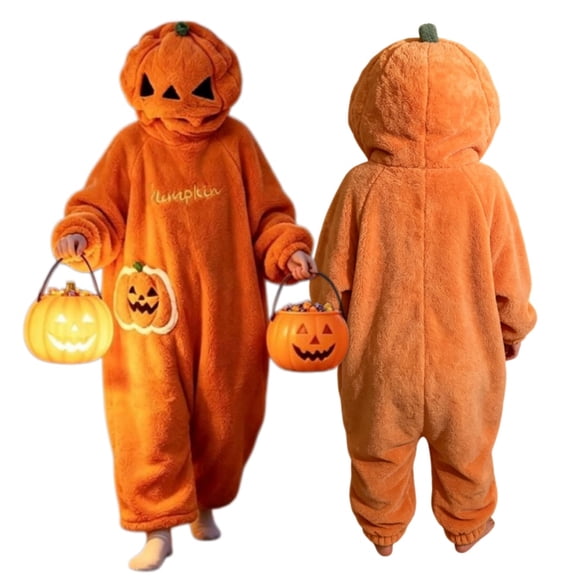 Unisex Plush Onesie Costume Halloween Cosplay Pajamas Animal Hooded Loungewear Fleece One Piece Sleepwear for Adults Cozy Soft Fleece Jumpsuit Bodysuit for Theme Party Festival Outfits (Pumpkin)