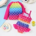 thumbnail image 6 of Girls Swimsuit 3 Piece Cover Up Kids Two Piece Floral Scale Print Top Shorts Kids Set, 6 of 9