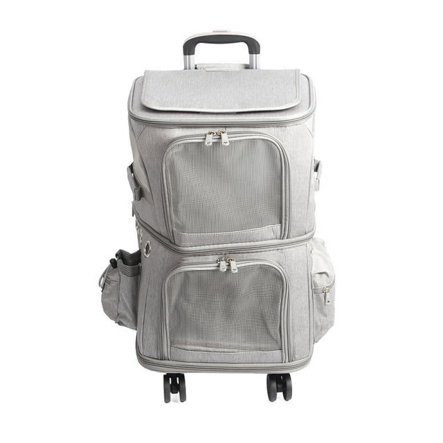 Mochila transportadora de mascotas con doble compartimento, plegable, con ruedas para viajes y paseos, color gris