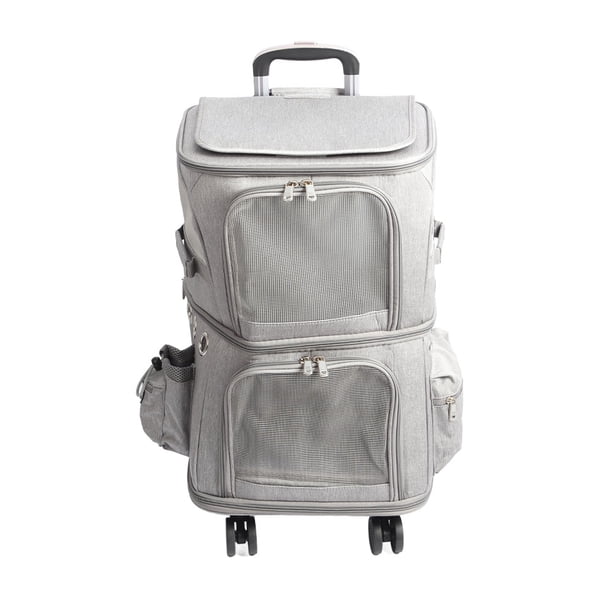 Mochila transportadora de mascotas con doble compartimento, plegable, con ruedas para viajes y paseos, color gris