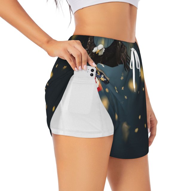 Balery North American Bald Eagle Pantalones cortos deportivos para mujer con forro y dos bolsillos, elásticos, para entrenamiento, gimnasio, yoga-Medium