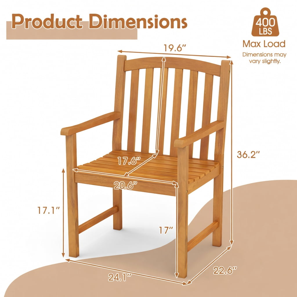 Hommoo 2-Pack Acacia Wood Outdoor Patio Chairs, Slatted Ventilated Seat, Ergonomic Inclined Backrest & Reinforced Frame for Porch, Balcony, Garden & Poolside, Natural