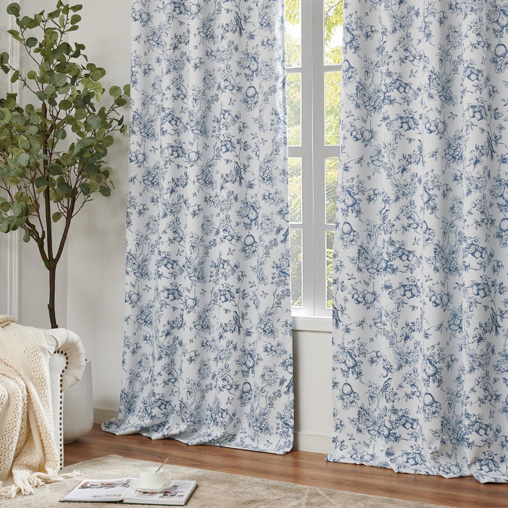 CURTAINKING Blackout Curtains 63 Inches Long, Printed Floral French Farmhouse Curtains for Bedroom Living Room Back Tab Thermal Insulated Window Drapes, 2 Panels Blue