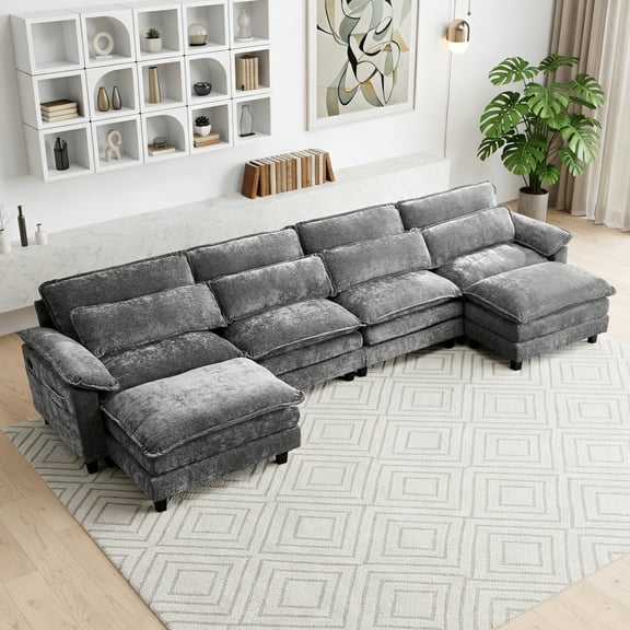 Howcool 148" Modular Sectional Sofa , 4 Seater U-Shaped Cloud Couch with Movable Ottoman, USB Charging Ports & Side Pockets, Sectional couchs for Living Room,Chenille Fabric,Grey