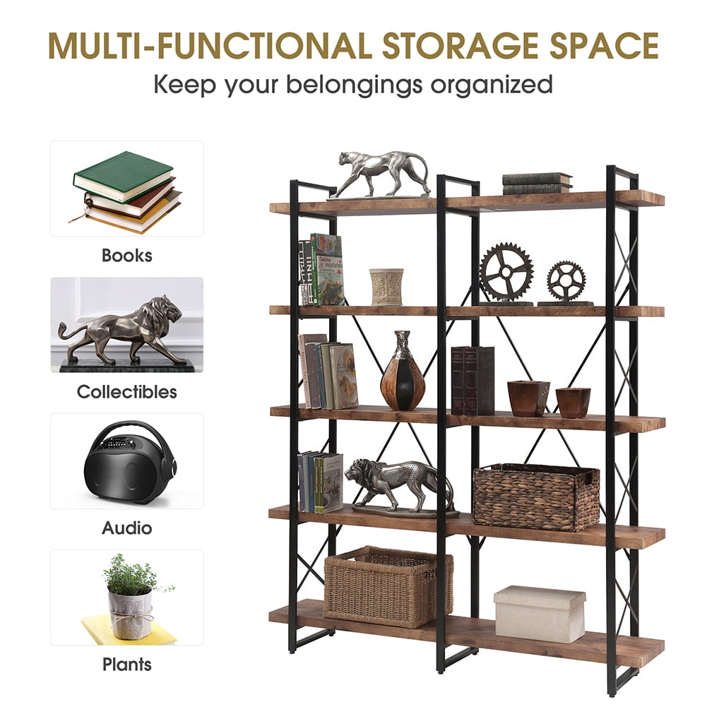 Resenkos 5-Tier Bookshelf, X Design Etageres Storage Shelf, Industrial Bookcase for Office with Metal Frame,Tiger Color