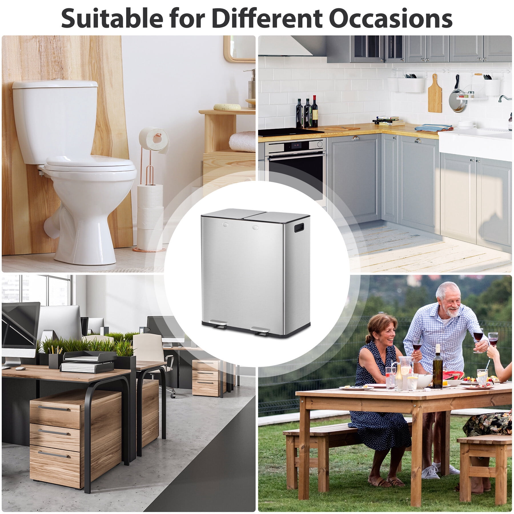 HomGarden 16 Gallon Dual Compartment Trash Can Stainless Steel Step Garbage Can Home Kitchen