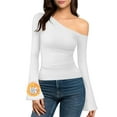 thumbnail image 4 of HAPIMO Women's Off Shoulder Tops Bell Sleeve Shirts Dressy Long Sleeve Asymmetrical Slim Fit Blouses Lightweight Going Out Tops Ruched Shirts White L, 4 of 9