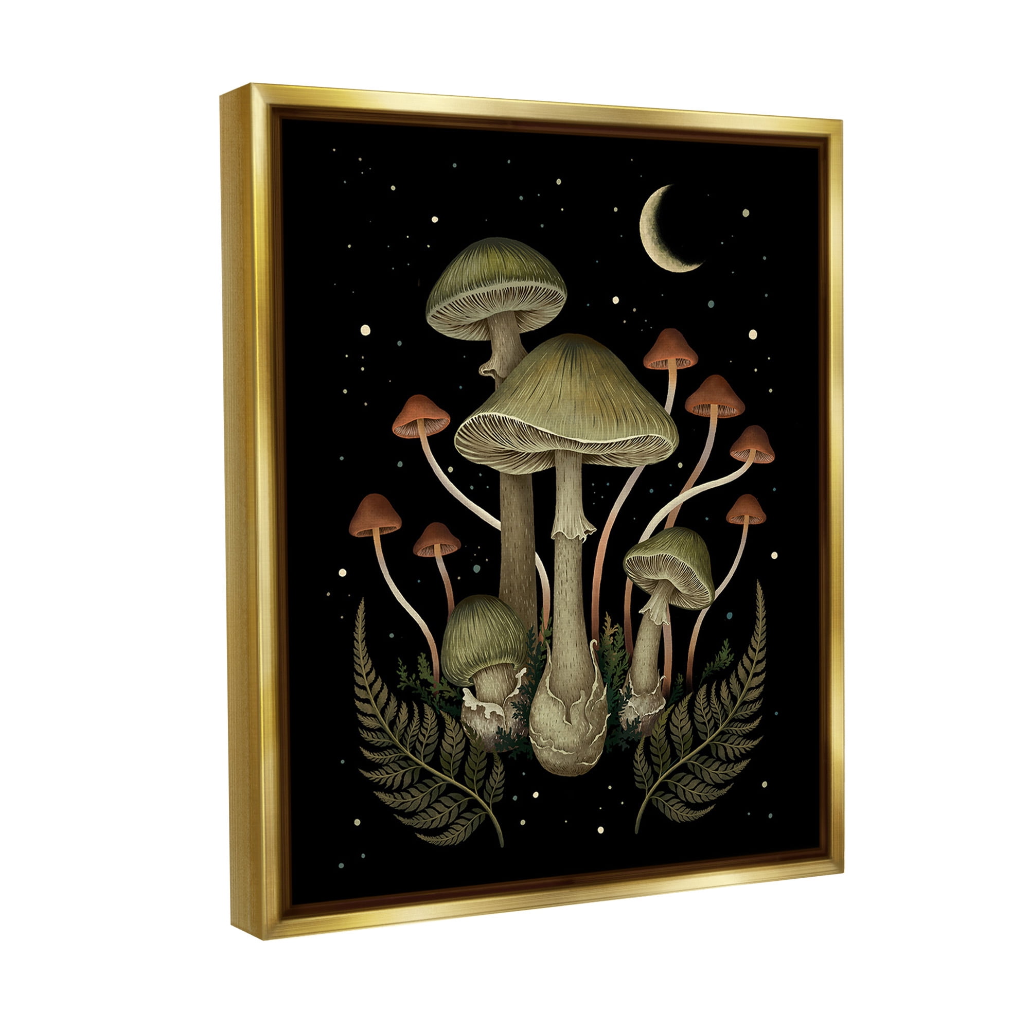 Stupell Industries Night Mushrooms & Ferns Botanical & Floral Painting Gold Floater Framed Canvas Art Print Wall Art, 25 x 31