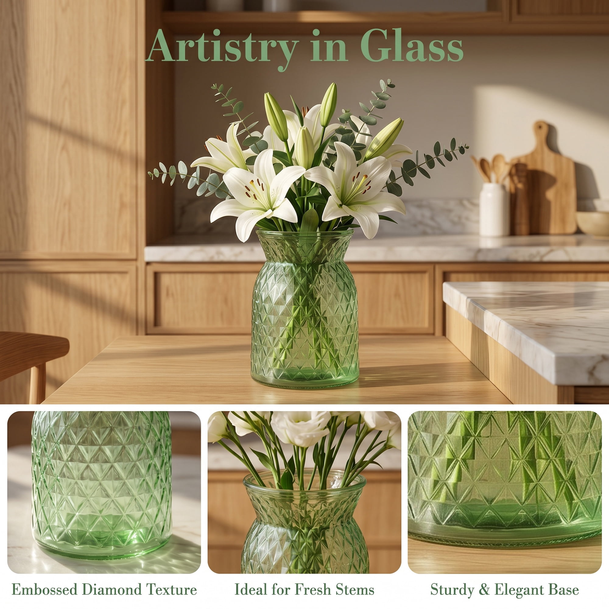 Unique Bargains Modern Geometric Wide Mouth Glass Flower Vase Grass Green 4.5"x4.5"x6.3"