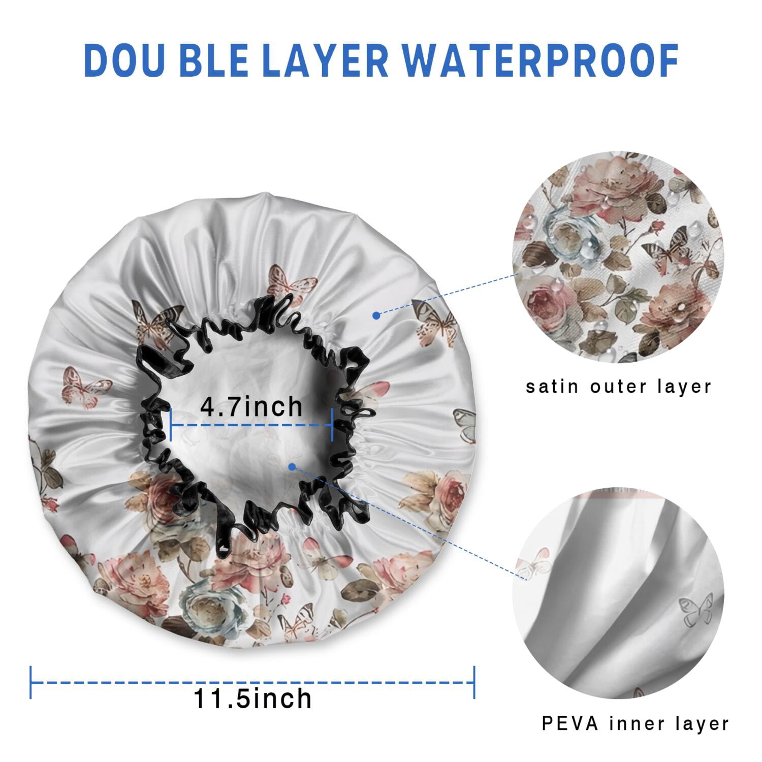 Shower Caps,White Butterfly Rose Pattern Waterproof Shower Cap for Women 4 Pieces,Double Reusable Hair Cover for Shower PEVA Elastic Stretch Hem
