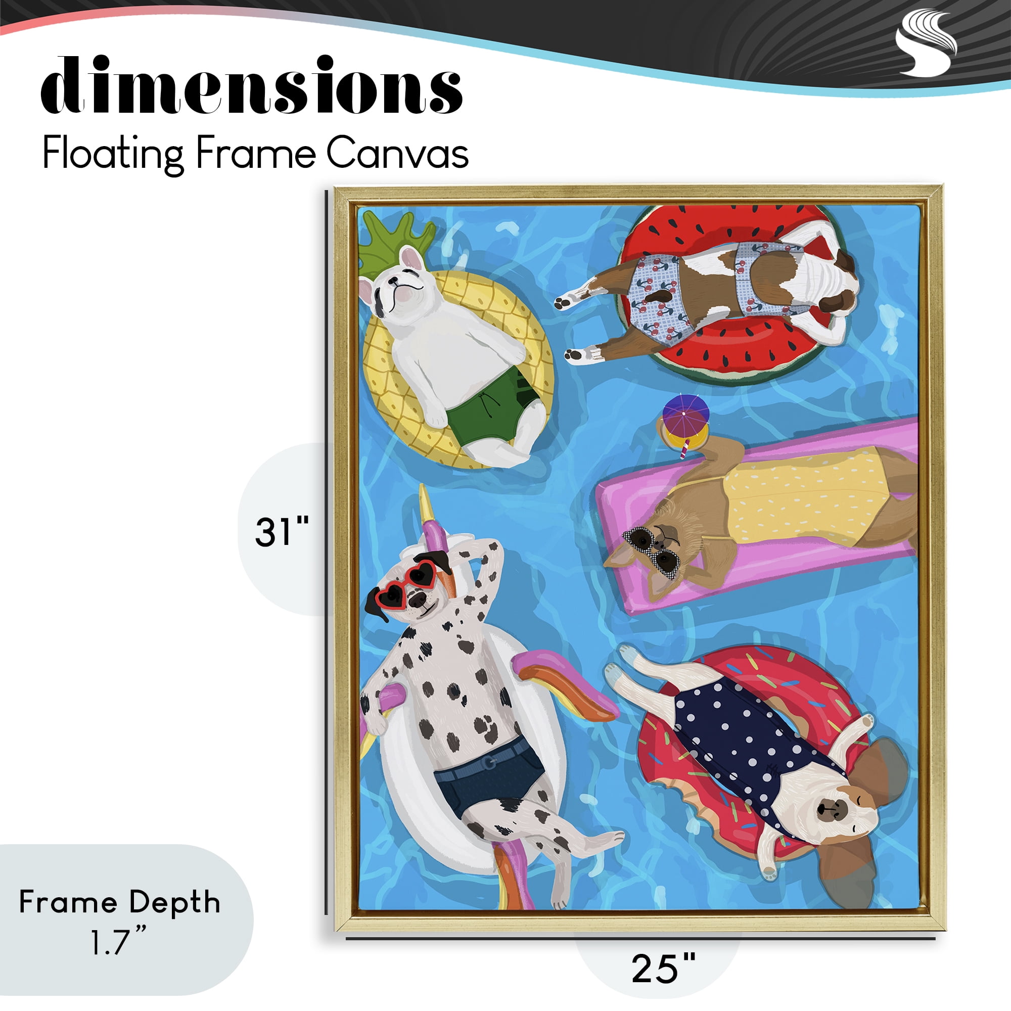 Stupell Industries Summer Sunbathing Dogs Gold Framed Floater Canvas Wall Art, design by Hanna Melin